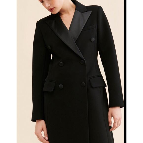 NWOT AVEC LES FILLES Classic BLACK LONG TUXEDO COAT SATIN COLLAR Peacoat M - Picture 4 of 4